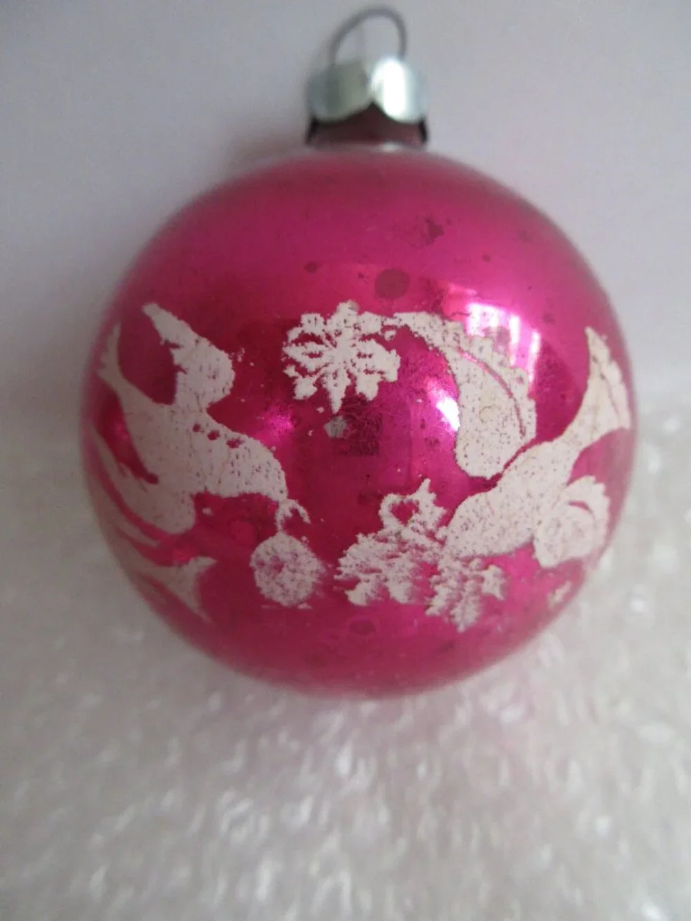 Dove Stencil Glass Christmas Ornament Lot of 2 Pink Fuschia Vtg Franke Corning?